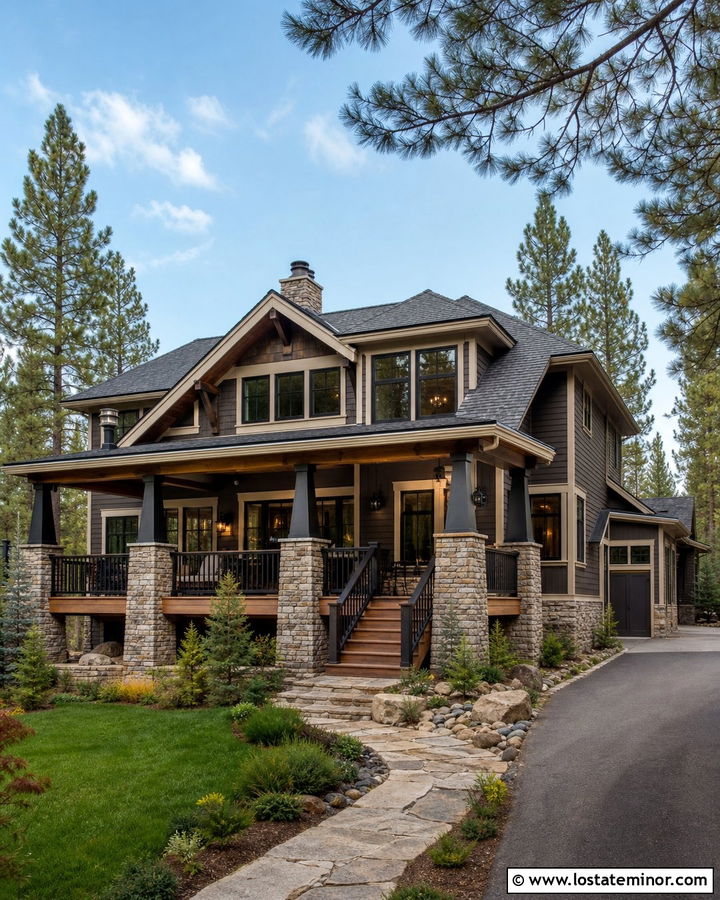 Charcoal Grey House With Stone Deck Columns - 30 Charcoal Grey House Design With Deck Ideas