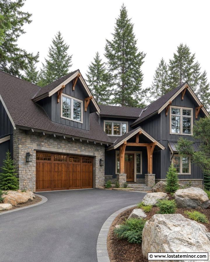 Charcoal Grey House With Stone Framed Garage Door - 30 Charcoal Grey House Design With Garage Door Ideas