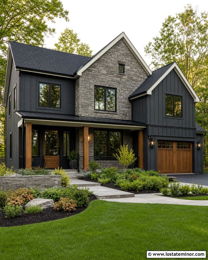 Charcoal Grey House With Stone Gable - 30 Charcoal Grey House Design With Stone Accents Ideas