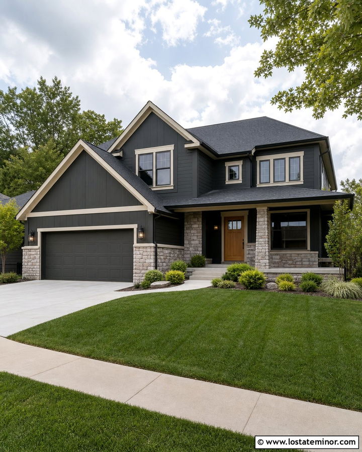 Charcoal Grey House With Stone Garage Wainscoting - 30 Charcoal Grey House Design With Wainscoting Ideas