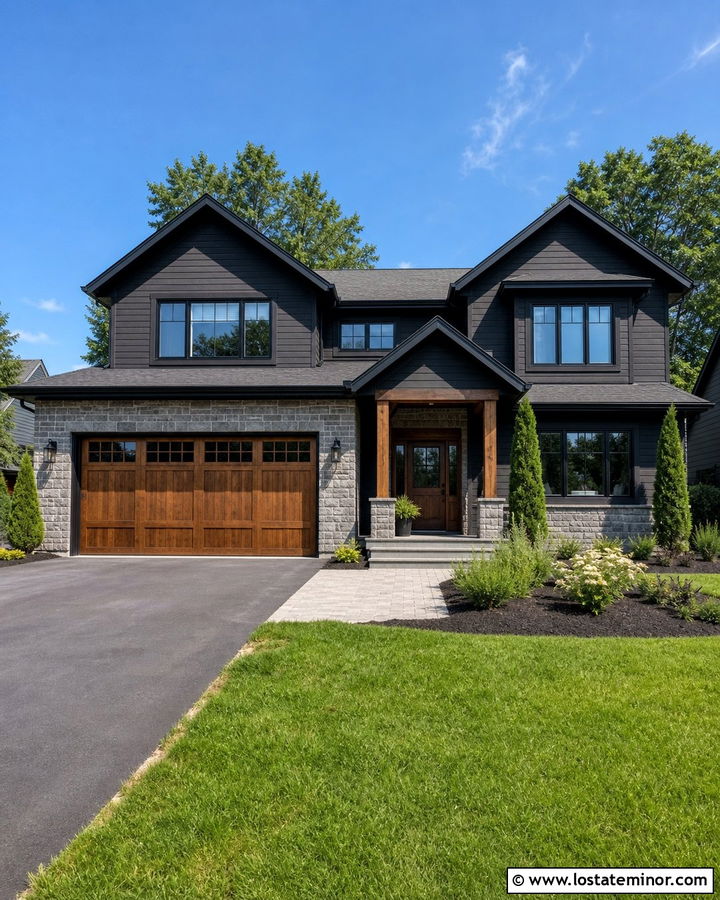 Charcoal Grey House With Stone Garage - 30 Charcoal Grey House Design With Stone Accents Ideas