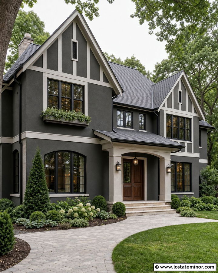 Charcoal Grey House With Stone Gray Porch Ceiling - 30 Charcoal Grey House Design With Porch Ceiling Ideas