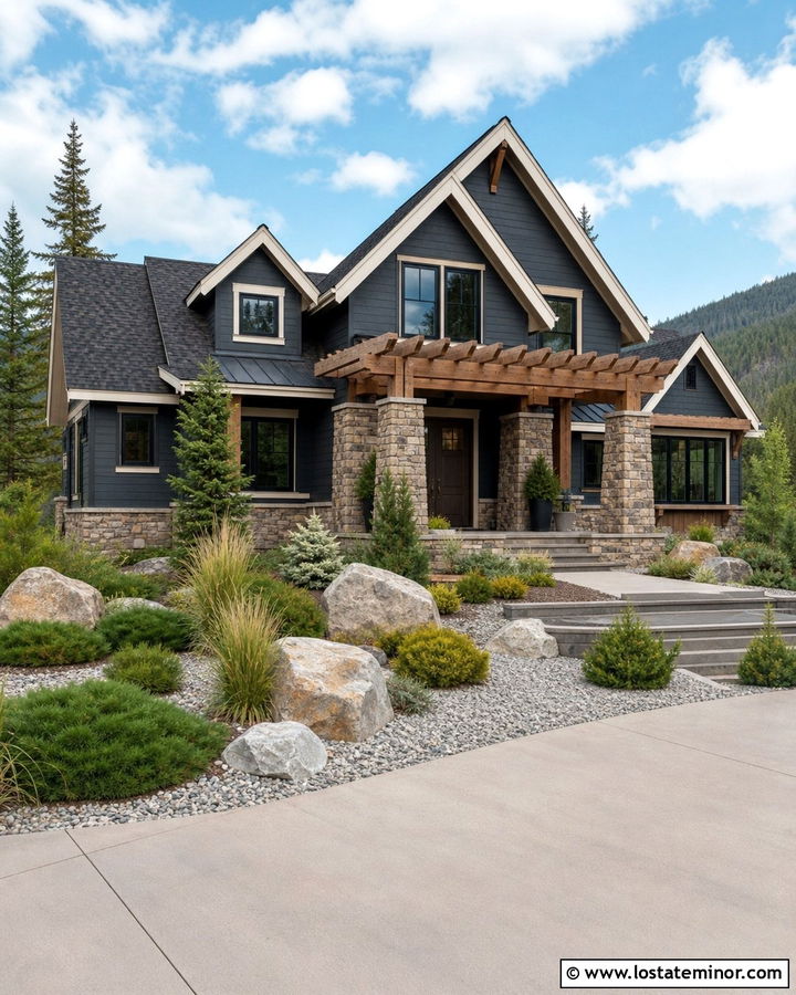 Charcoal Grey House With Stone Pergola Columns - 30 Charcoal Grey House Design With Pergola Ideas