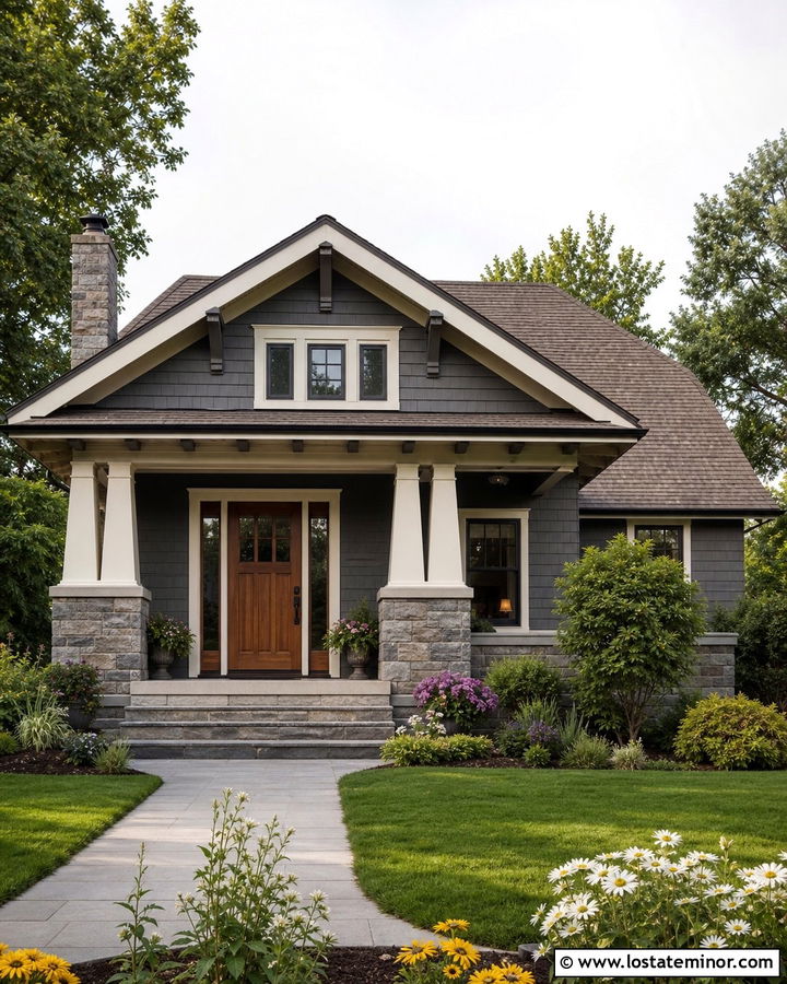 Charcoal Grey House With Stone Porch Columns - 30 Charcoal Grey House Design With Accents Ideas