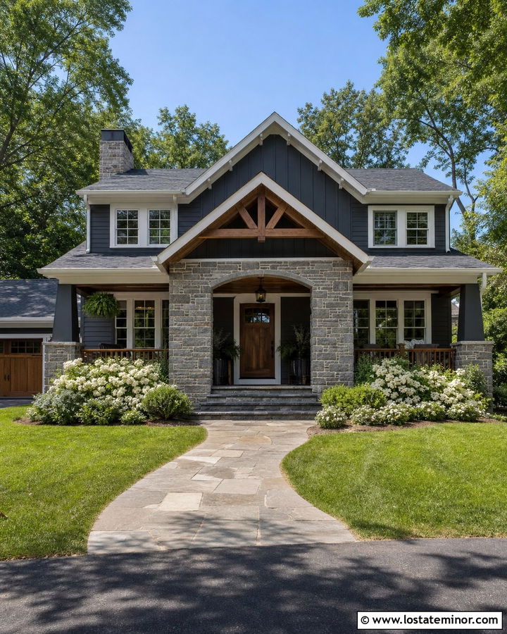 Charcoal Grey House With Stone Porch Gables - 30 Charcoal Grey House Design With Gables Ideas