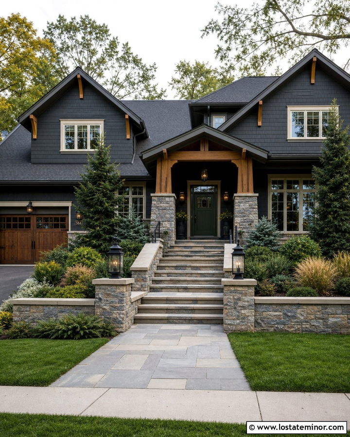 Charcoal Grey House With Stone Stair Walls - 30 Charcoal Grey House Design With Steps Ideas