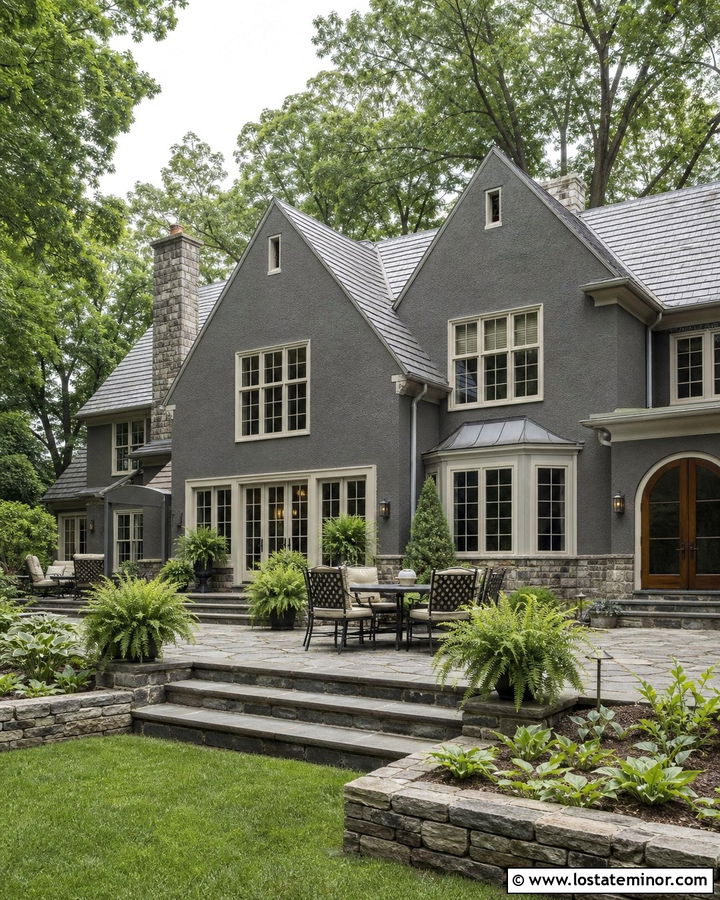 Charcoal Grey House With Stone Terrace - 30 Charcoal Grey House Design With Backyard Ideas