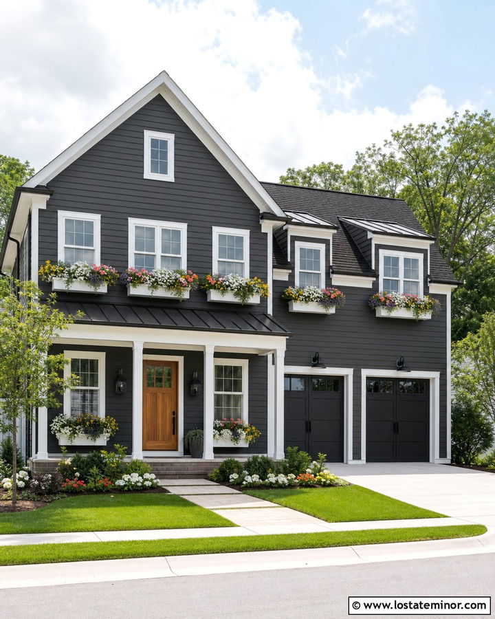 Charcoal Grey House With Sunny Flower Window Boxes - 30 Charcoal Grey House Design With Window Boxes Ideas