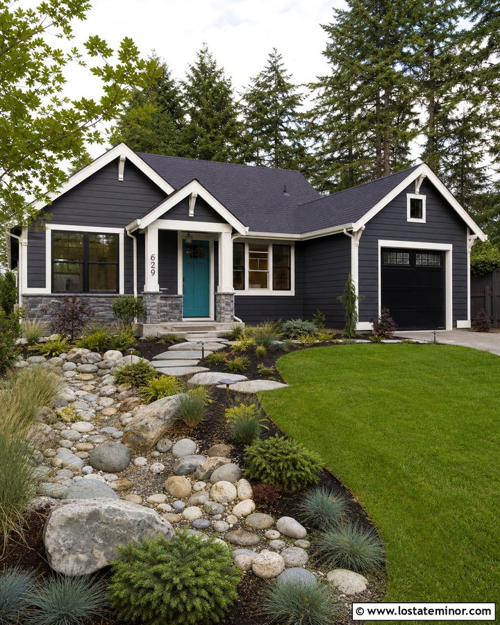 Charcoal Grey House With Teal Door And River Rock - 30 Charcoal Grey House Design With Front Yard Ideas