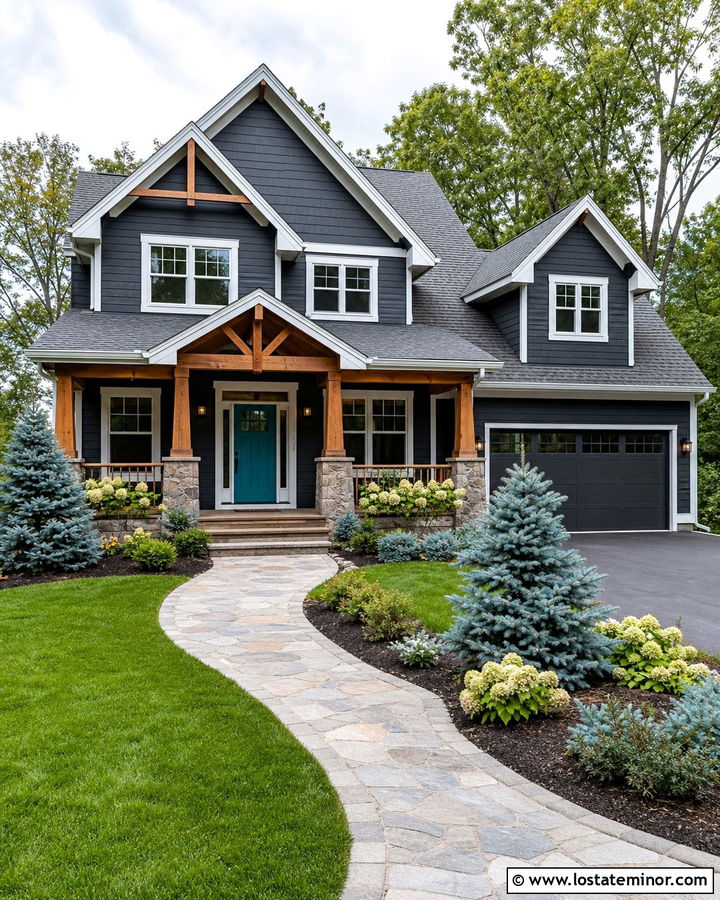 Charcoal Grey House With Teal Entry Door - 30 Charcoal Grey House Design With Entry Door Ideas