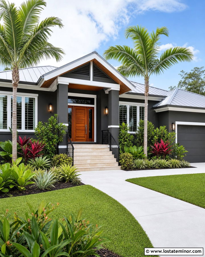 Charcoal Grey House With Tropical Front Yard - 30 Charcoal Grey House Design With Front Yard Ideas