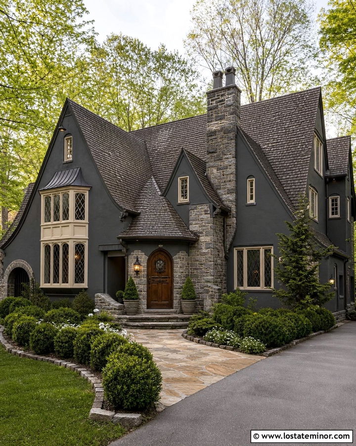 Charcoal Grey House With Tudor Lantern Lighting - 30 Charcoal Grey House Design With Lighting Ideas