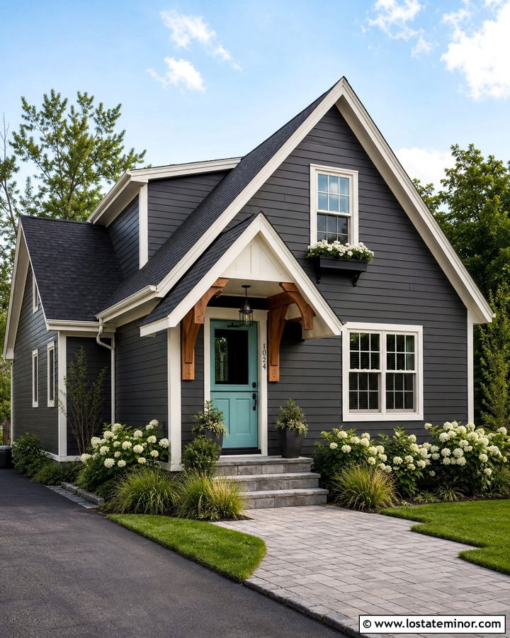 Charcoal Grey House With Turquoise Dutch Door And Small Porch - 30 Charcoal Grey House Design With Dutch Door Ideas