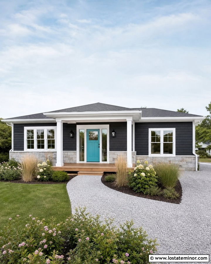 Charcoal Grey House With Turquoise Entry Door - 30 Charcoal Grey House Design With Entry Door Ideas