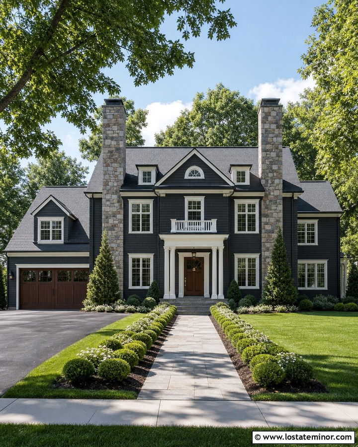 Charcoal Grey House With Two Stone Chimneys - 30 Charcoal Grey House Design With Chimney Ideas
