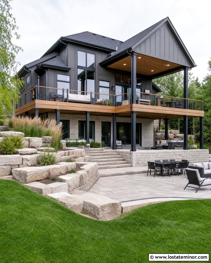 Charcoal Grey House With Walkout Basement Patio - 30 Charcoal Grey House Design With Backyard Ideas
