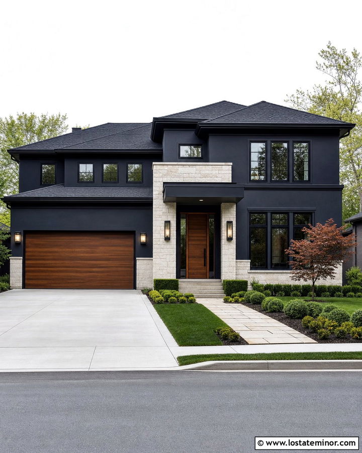 Charcoal Grey House With Walnut Garage Door - 30 Charcoal Grey House Design With Garage Door Ideas