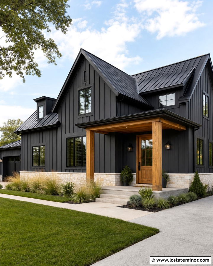 Charcoal Grey House With Warm White Trim And Cedar Door - 30 Charcoal Grey House Design With Trim Ideas