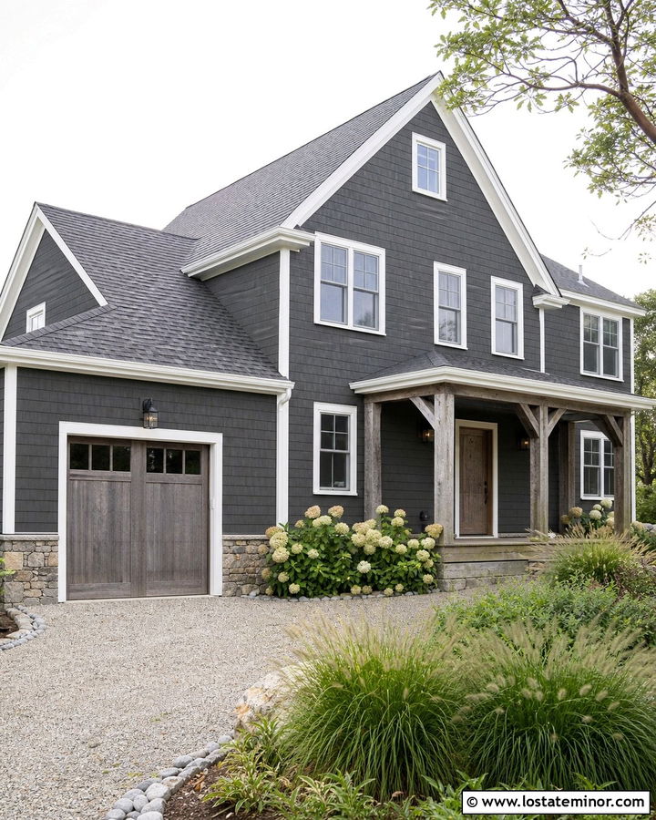 Charcoal Grey House With Weathered Wood Garage Door - 30 Charcoal Grey House Design With Garage Door Ideas
