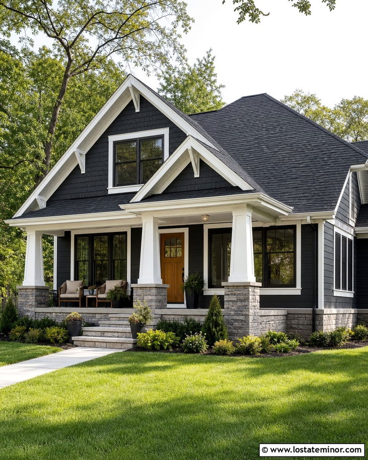 Charcoal Grey House With White Beadboard Porch Ceiling - 30 Charcoal Grey House Design With Porch Ceiling Ideas
