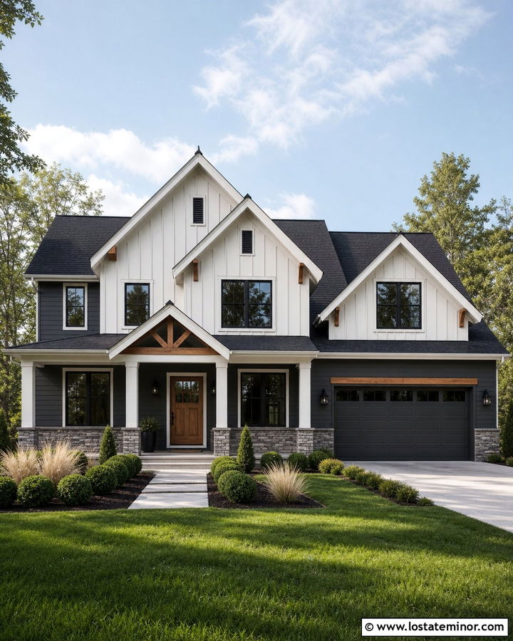 Charcoal Grey House With White Board And Batten Gables - 30 Charcoal Grey House Design With Gables Ideas