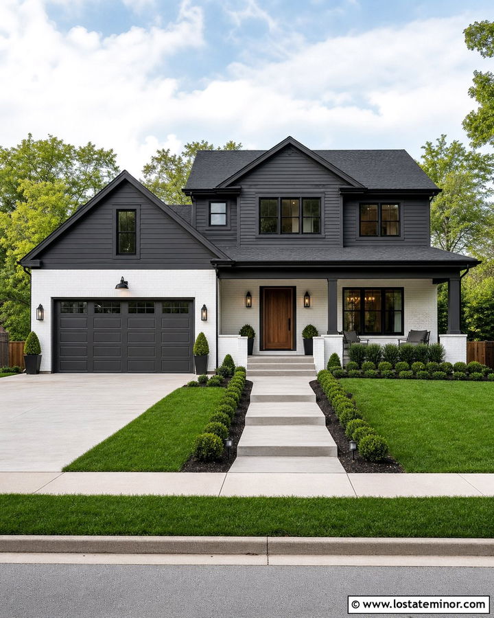 Charcoal Grey House With White Brick And Sconces - 30 Charcoal Grey House Design With Lighting Ideas