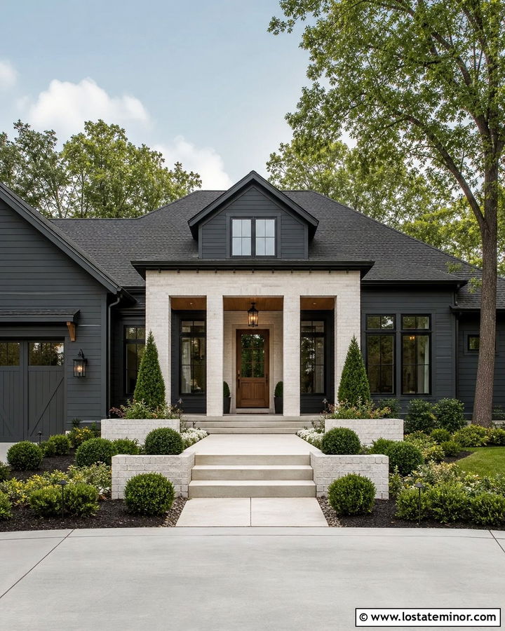 Charcoal Grey House With White Brick Portico - 30 Charcoal Grey House Design With Portico Ideas