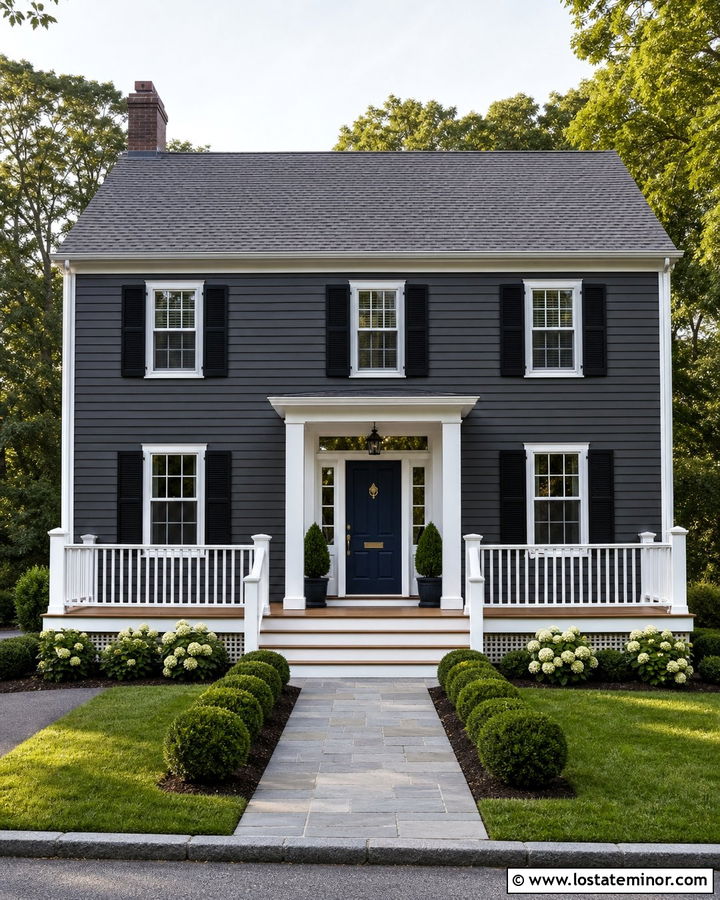 Charcoal Grey House With White Deck Railing - 30 Charcoal Grey House Design With Deck Ideas