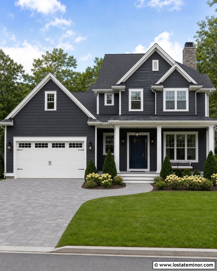 Charcoal Grey House With White Garage Door - 30 Charcoal Grey House Design With Driveway Ideas