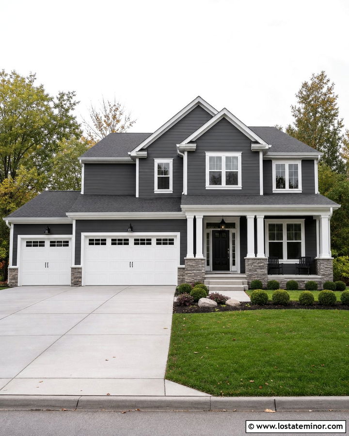 Charcoal Grey House With White Garage Doors And Shingles - 30 Charcoal Grey House Design With Shingles Ideas