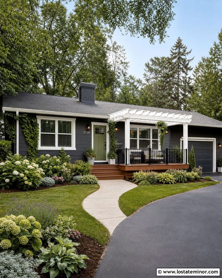 Charcoal Grey House With White Pergola Deck - 30 Charcoal Grey House Design With Deck Ideas