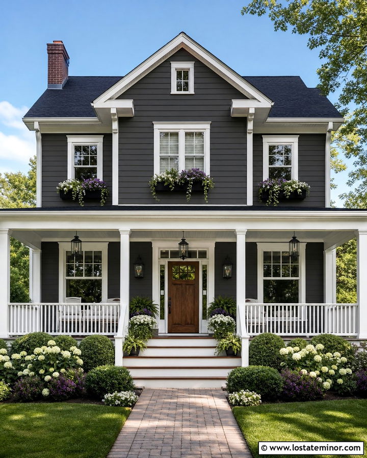 Charcoal Grey House With White Porch And Black Window Boxes - 30 Charcoal Grey House Design With Window Boxes Ideas
