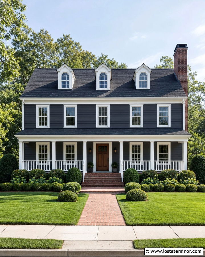 Charcoal Grey House With White Porch Railings - 30 Charcoal Grey House Design With Railings Ideas