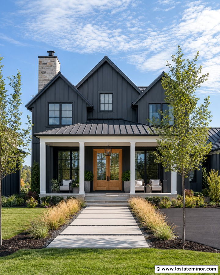 Charcoal Grey House With White Shiplap Porch Ceiling - 30 Charcoal Grey House Design With Porch Ceiling Ideas