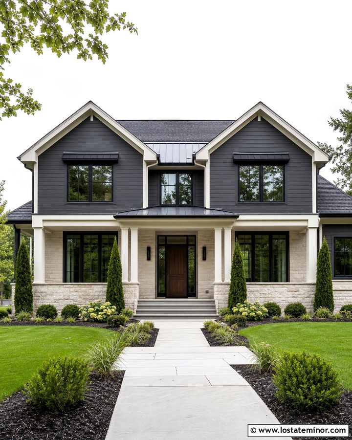 Charcoal Grey House With White Stone - 30 Charcoal Grey House Design With Stone Accents Ideas