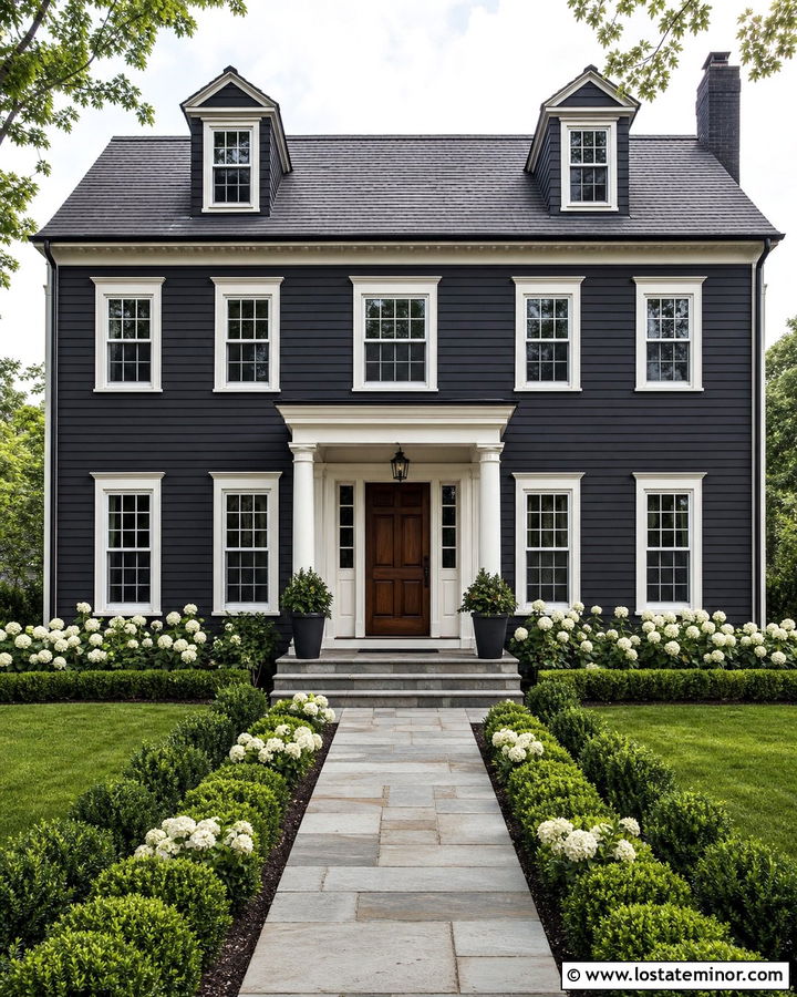 Charcoal Grey House With White Trim And Boxwood - 30 Charcoal Grey House Design With Front Yard Ideas