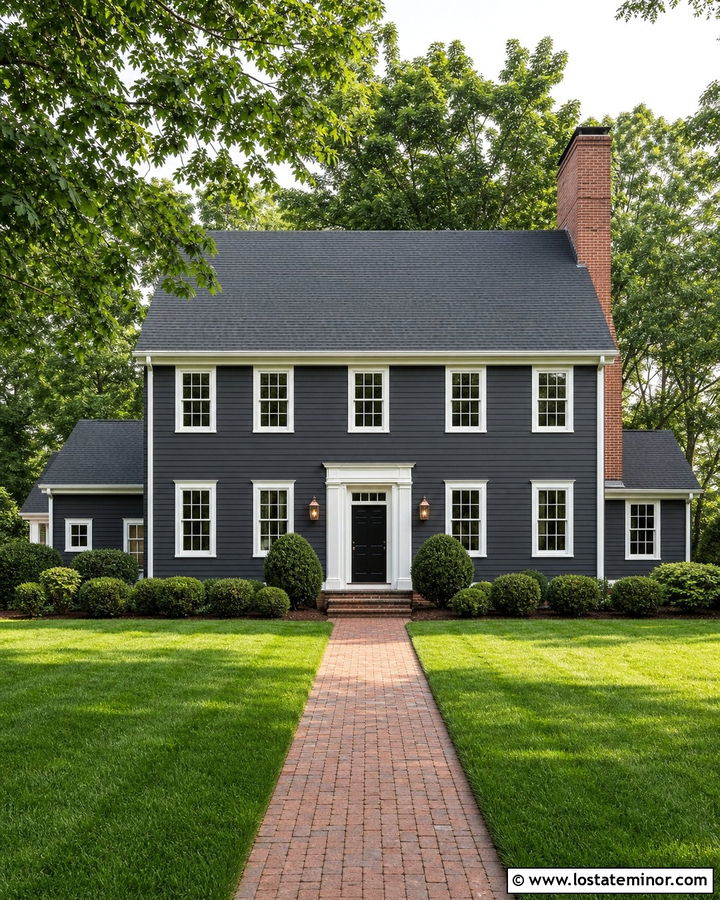 Charcoal Grey House With White Trim And Brick Chimney - 30 Charcoal Grey House Design With Chimney Ideas