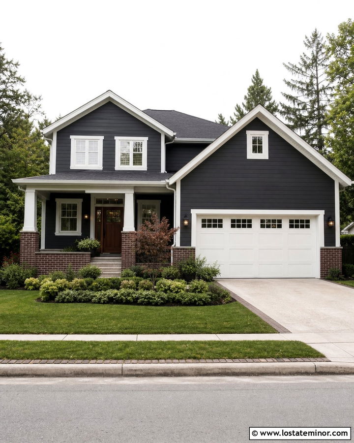 Charcoal Grey House With White Trim And Brick Skirt - 30 Charcoal Grey House Design With Trim Ideas