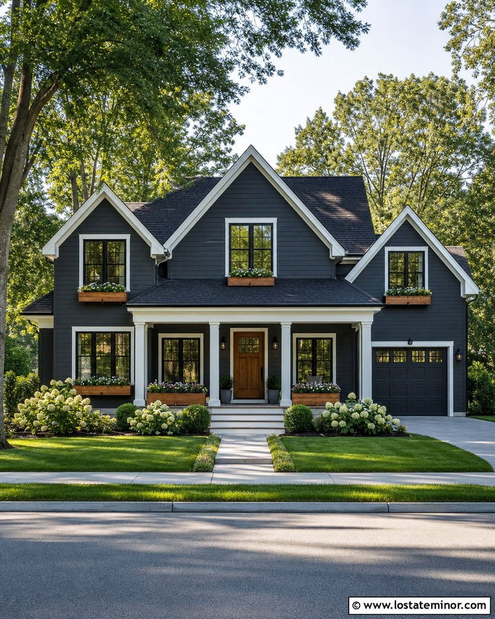 Charcoal Grey House With White Trim And Cedar Window Boxes - 30 Charcoal Grey House Design With Window Boxes Ideas