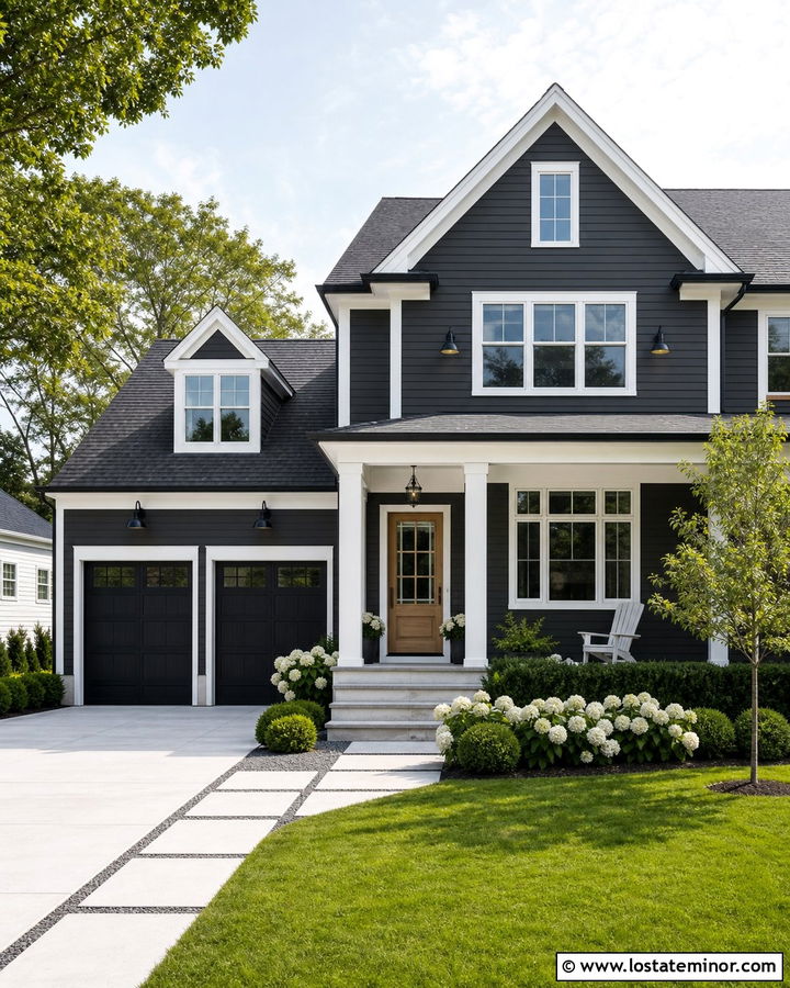 Charcoal Grey House With White Trim And Dual Lights - 30 Charcoal Grey House Design With Light Fixtures Ideas