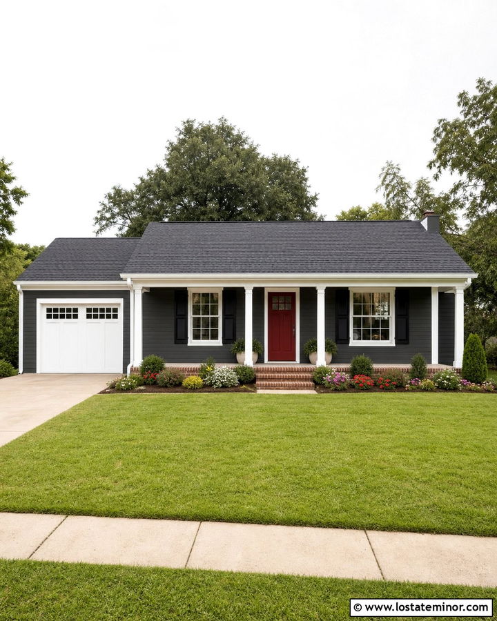 Charcoal Grey House With White Trim And Red Door - 30 Charcoal Grey House Design With Trim Ideas