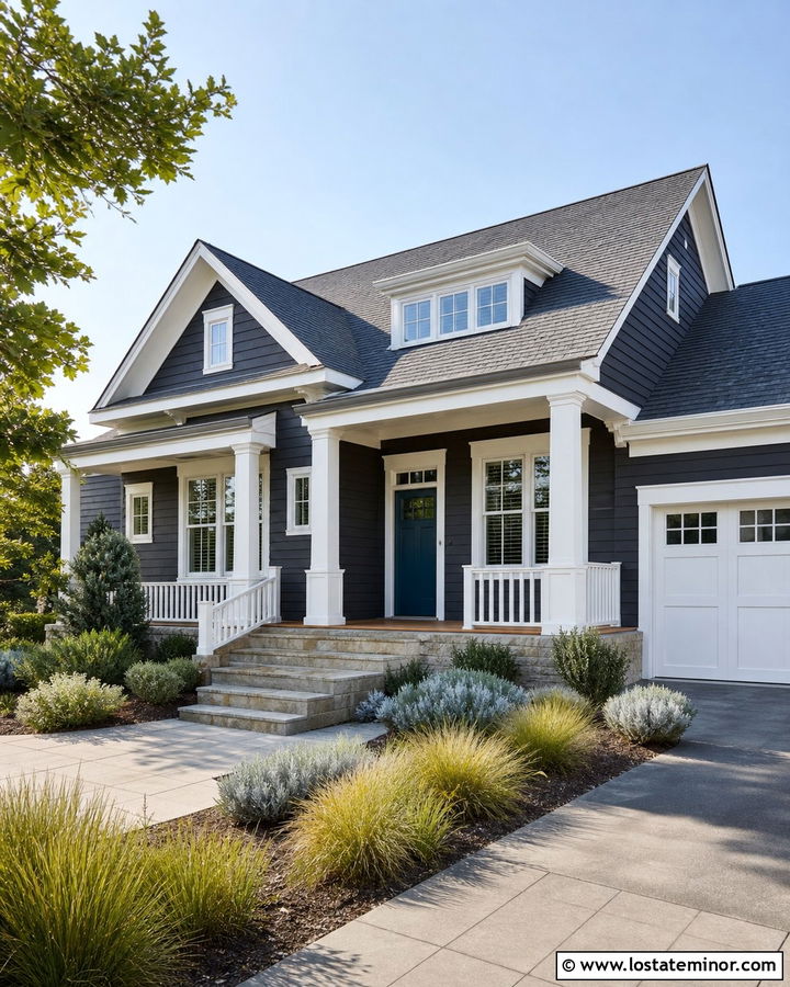 Charcoal Grey House With White Trim And Teal Door - 30 Charcoal Grey House Design With Trim Ideas