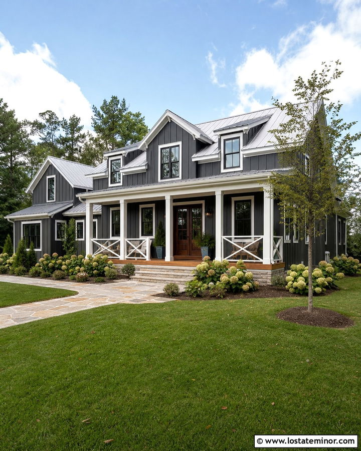Charcoal Grey House With White X Railings - 30 Charcoal Grey House Design With Railings Ideas