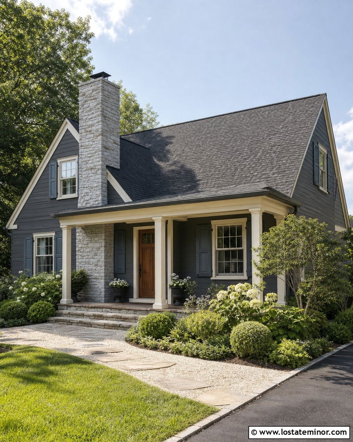 Charcoal Grey House With Whitewashed Stone Chimney - 30 Charcoal Grey House Design With Chimney Ideas