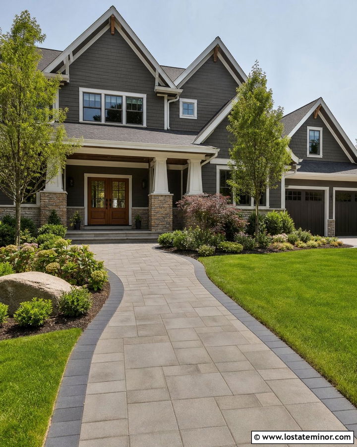 Charcoal Grey House With Wide Paver Walkway - 30 Charcoal Grey House Design With Walkway Ideas