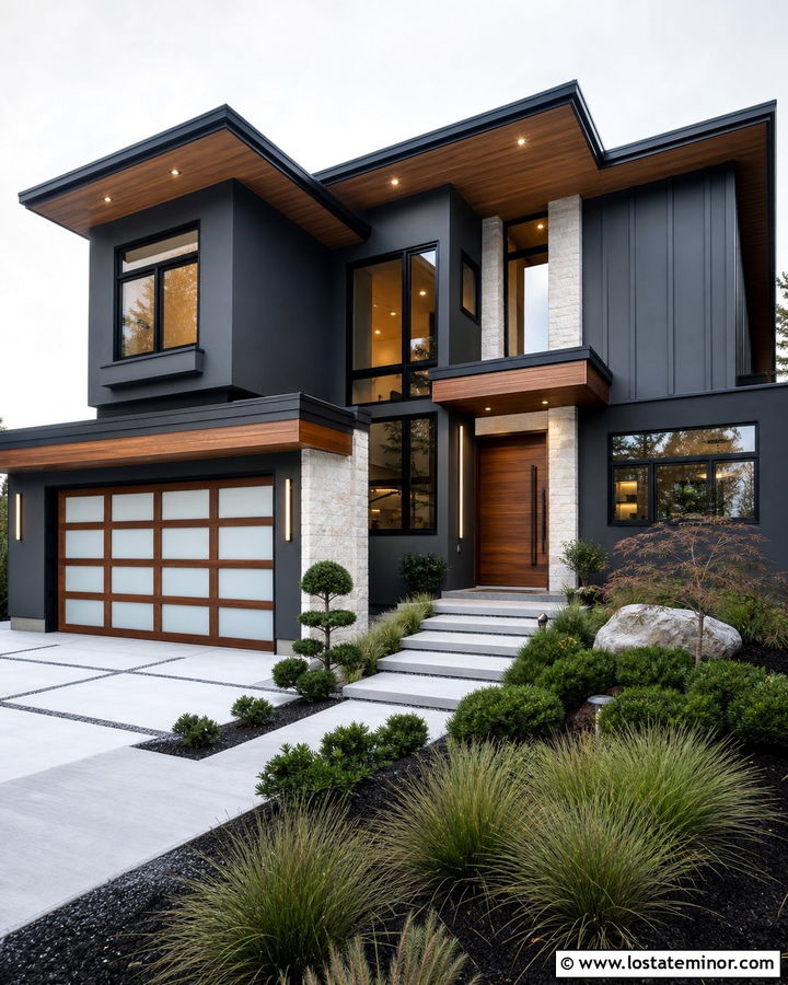 Charcoal Grey House With Wood And Glass Garage Door - 30 Charcoal Grey House Design With Garage Door Ideas