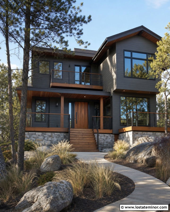 Charcoal Grey House With Wood Door And Cable Railings - 30 Charcoal Grey House Design With Railings Ideas
