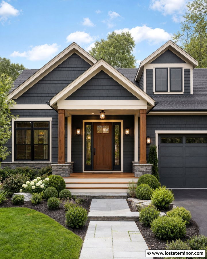 Charcoal Grey House With Wood Door And Side Lights - 30 Charcoal Grey House Design With Lighting Ideas