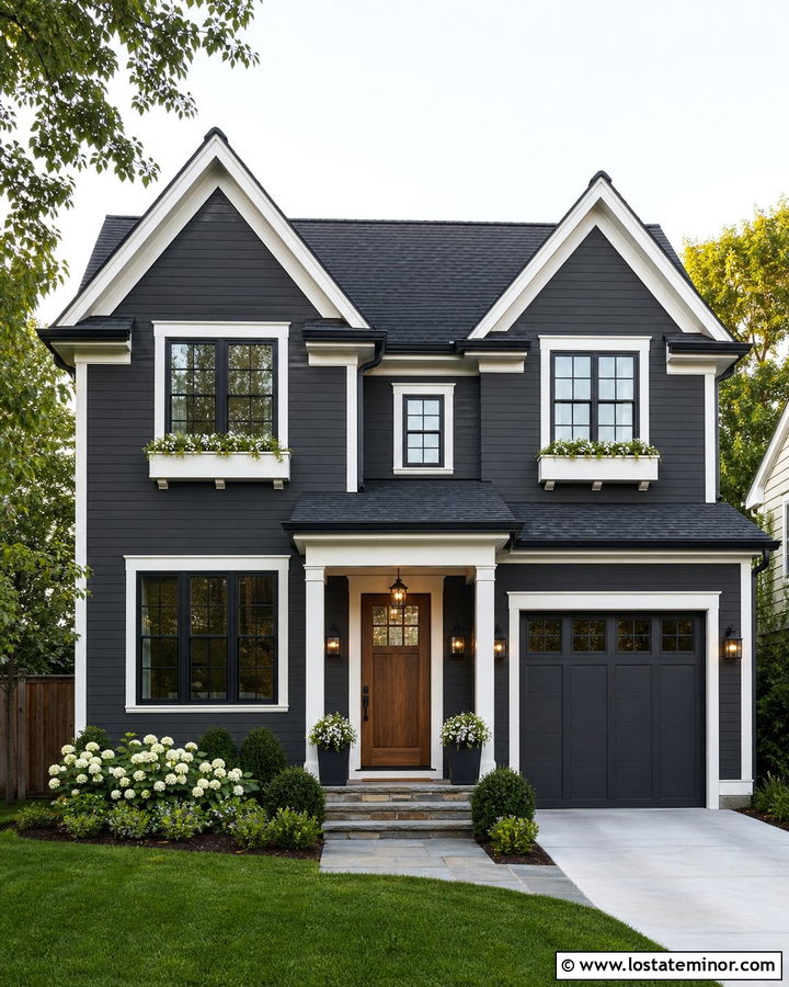 Charcoal Grey House With Wood Door And White Window Boxes - 30 Charcoal Grey House Design With Window Boxes Ideas