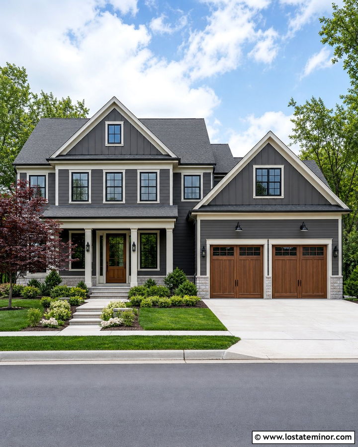 Charcoal Grey House With Wood Dutch Door And Garage - 30 Charcoal Grey House Design With Dutch Door Ideas
